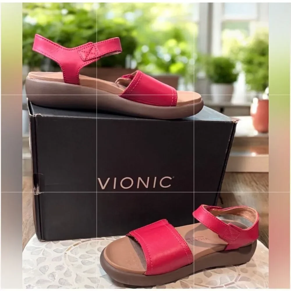 VIONIC Leather Awaken Recovery Supportive Adjustable Strap Sandals Flats Womens